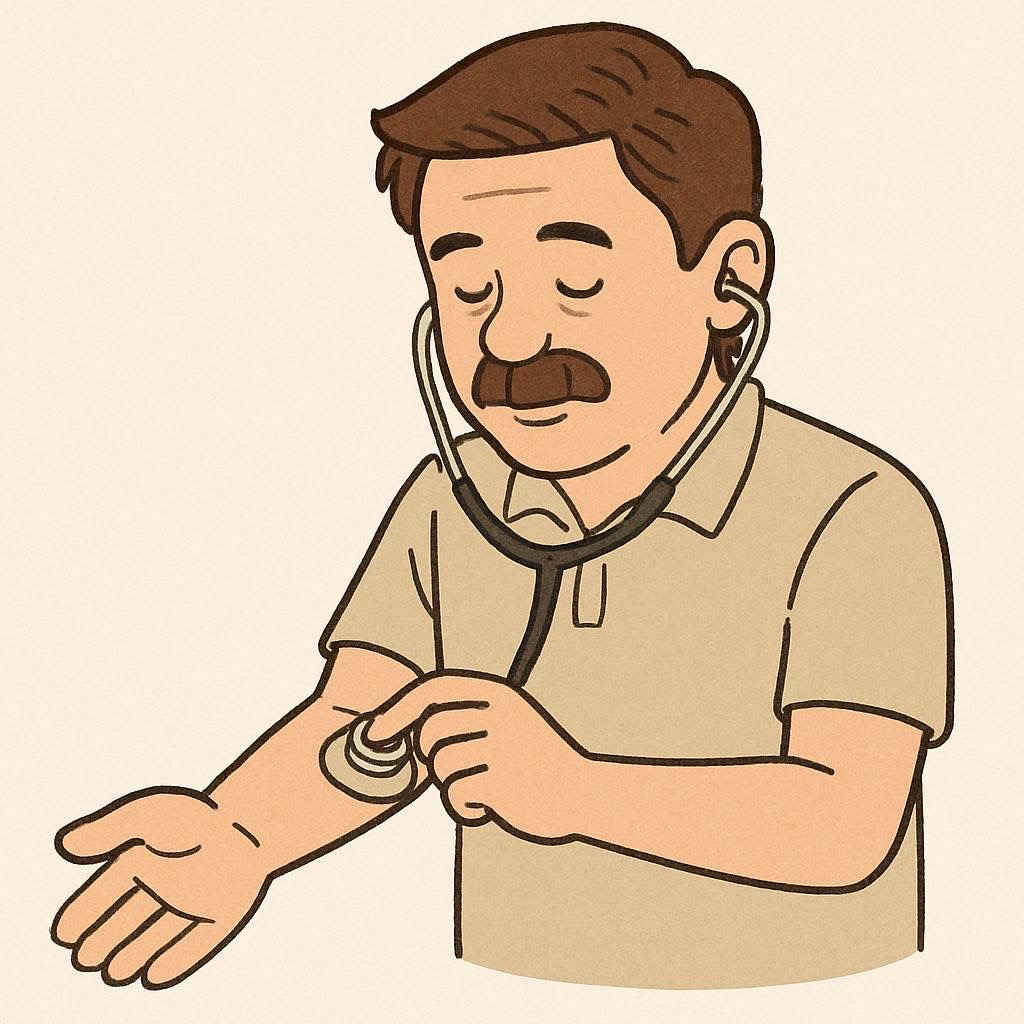 医師がシャントに聴診器を当てているイラスト
